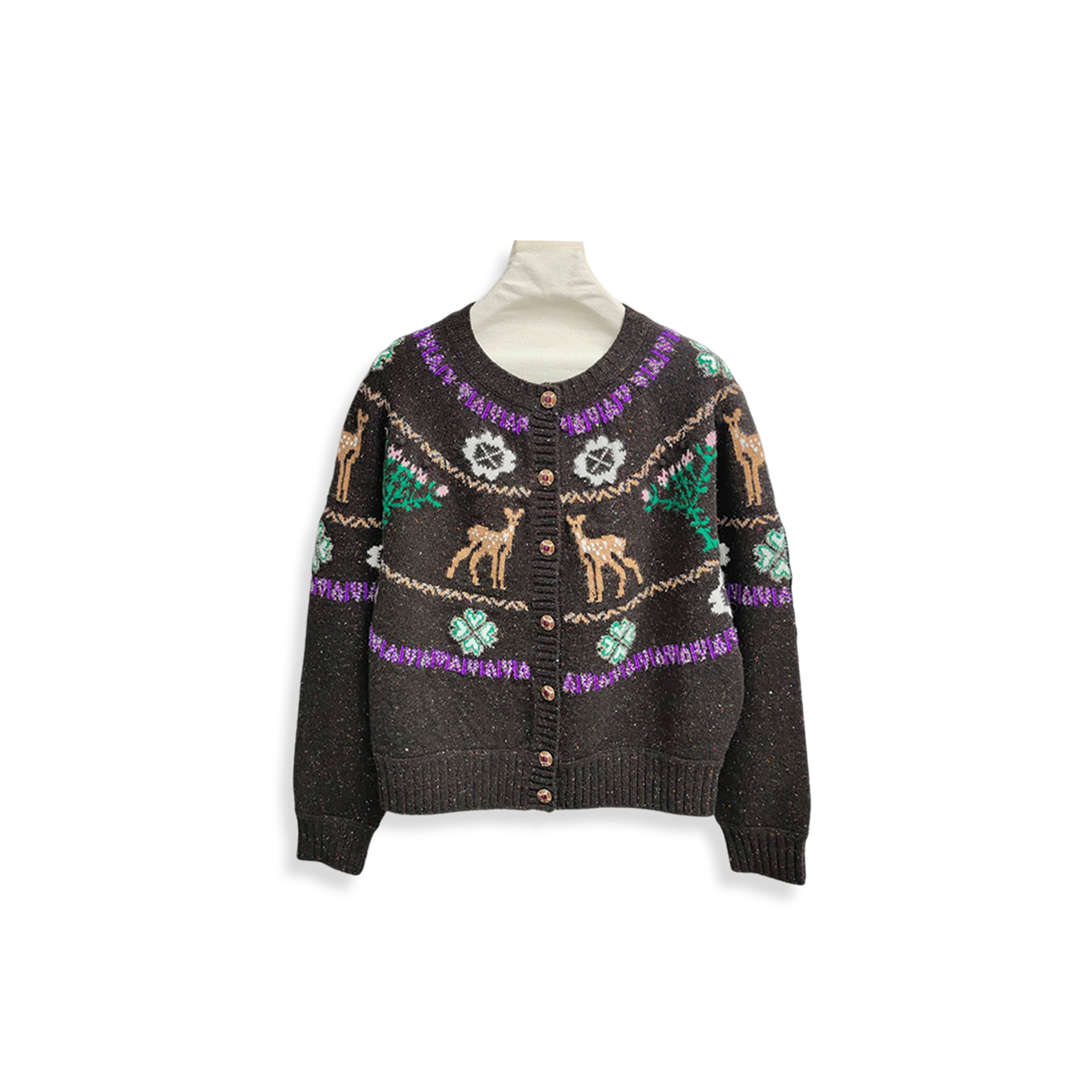 Ch**el cardigan long sleeve reindeer clover tweed brown cashmere